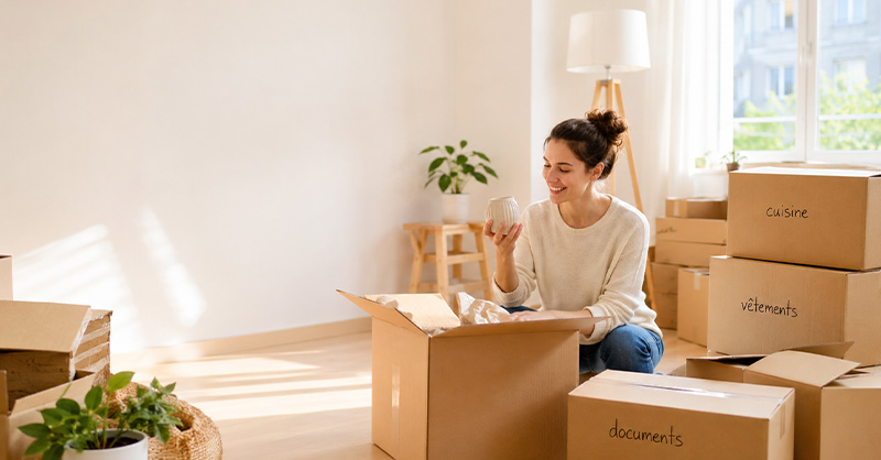 Personne souriante retrouvant un objet dans un carton lors d’un déménagement, entourée de cartons étiquetés dans un nouvel appartement lumineux.