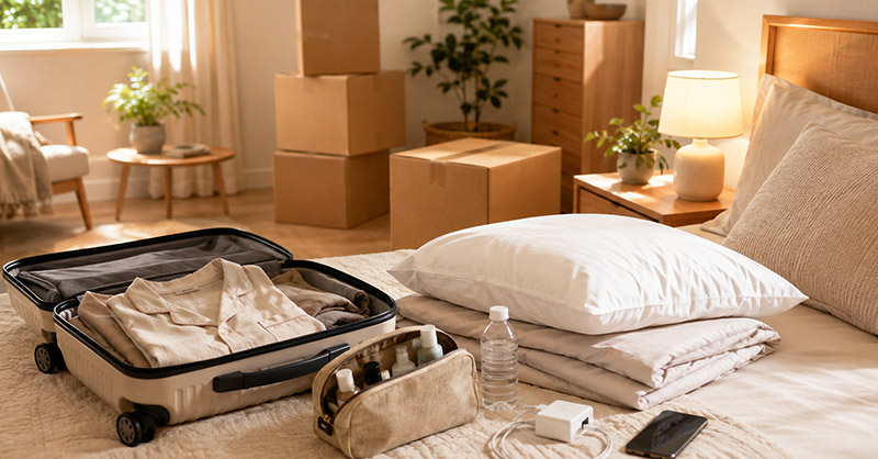 Nouveau logement lumineux après un déménagement, avec cartons fermés, valise ouverte, trousse de toilette, pyjama, chargeur, bouteille d’eau, draps et oreiller préparés pour la première nuit.