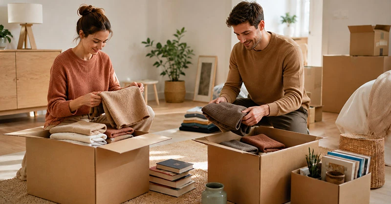 Couple triant et organisant ses affaires dans des cartons avant un déménagement afin de réduire le volume à transporter.