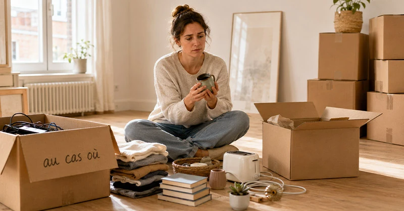 Personne triant des objets au milieu de cartons avant un déménagement, dans une pièce lumineuse et organisée.