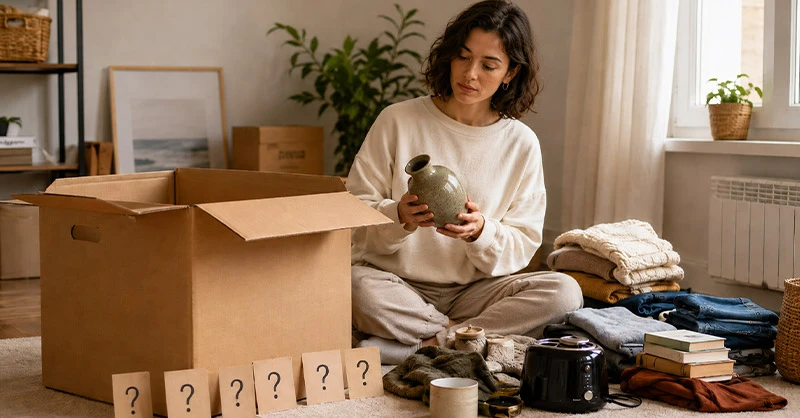 Posez-vous 5 questions simples avant de remplir un carton de 72 L pour mieux trier vos affaires, éviter le superflu et alléger votre déménagement.