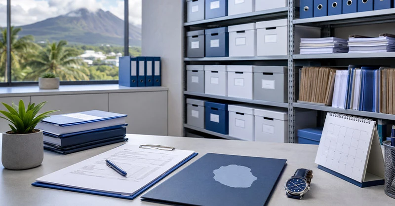 Salle d’archivage physique à La Réunion avec dossiers et boîtes de conservation, illustrant les délais légaux d’archivage.