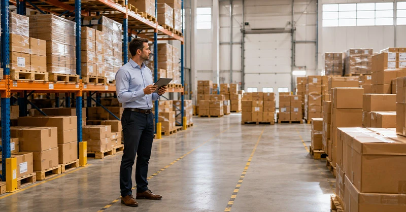 Audit du volume de stockage dans un entrepôt avec cartons, palettes et étagères avant l’achat d’emballages.