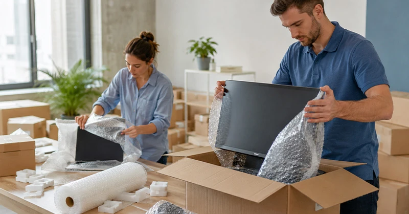 Matériel informatique soigneusement emballé et protégé dans des cartons lors d’un déménagement.