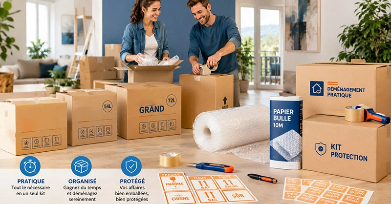 Kits de déménagement avec cartons, ruban adhésif et accessoires essentiels pour préparer un déménagement réussi.