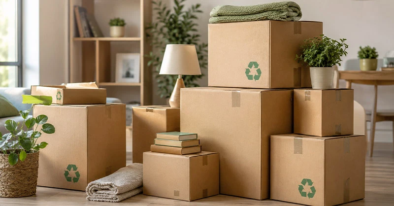 Cartons recyclés solides et économiques empilés pour un déménagement écologique.
