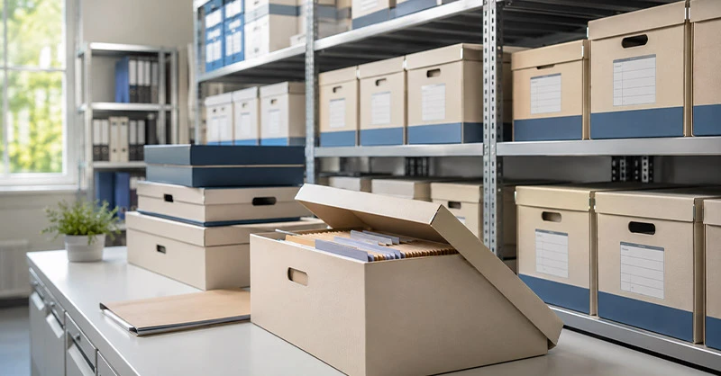 Cartons normés étiquetés et rangés sur des étagères dans une salle d’archives professionnelle.
