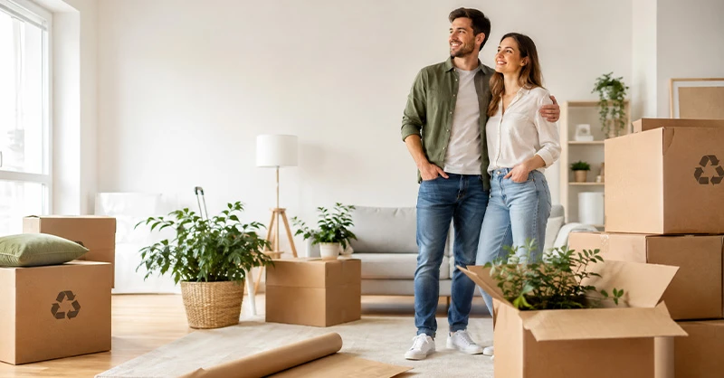 Cartons recyclés empilés dans un intérieur moderne lors d’un déménagement éco-responsable.