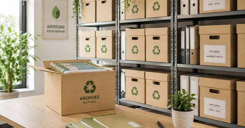 Cartons d’archives recyclés soigneusement rangés sur des étagères dans un bureau lumineux, avec dossiers classés, plantes vertes et symboles de recyclage.