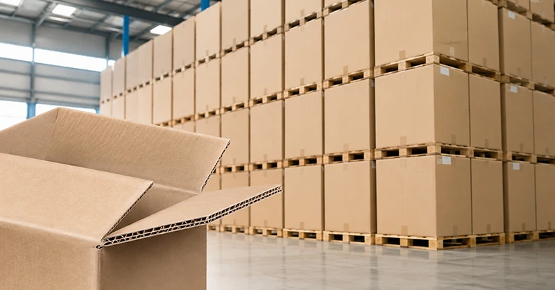 Cartons double cannelure de qualité professionnelle empilés dans un entrepôt, conçus pour résister à l’empilage prolongé sans s’affaisser.