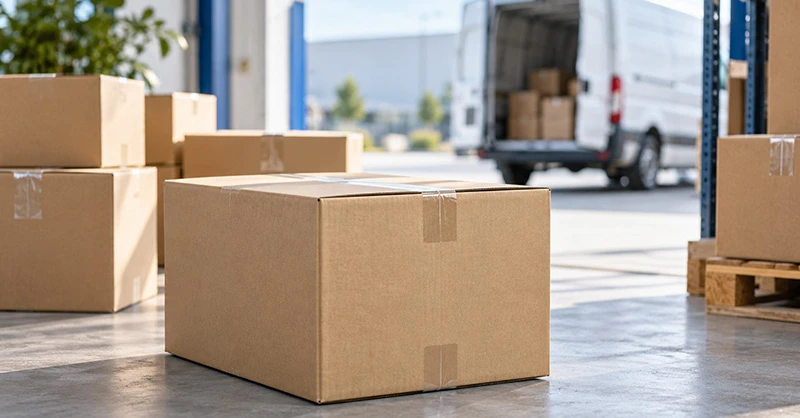 Cartons d’expédition solides et bien fermés dans un environnement logistique moderne, avec un véhicule de livraison en arrière-plan.