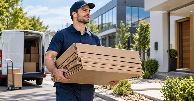 Livreur déposant des cartons devant une maison et des locaux professionnels pour une livraison rapide.