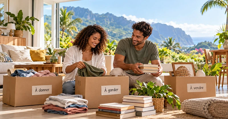 Couple souriant triant ses affaires dans des cartons avant un déménagement à La Réunion, dans une maison lumineuse avec vue sur les montagnes tropicales.