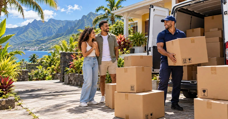 Livreur déposant des cartons devant une maison et des locaux professionnels pour une livraison rapide.